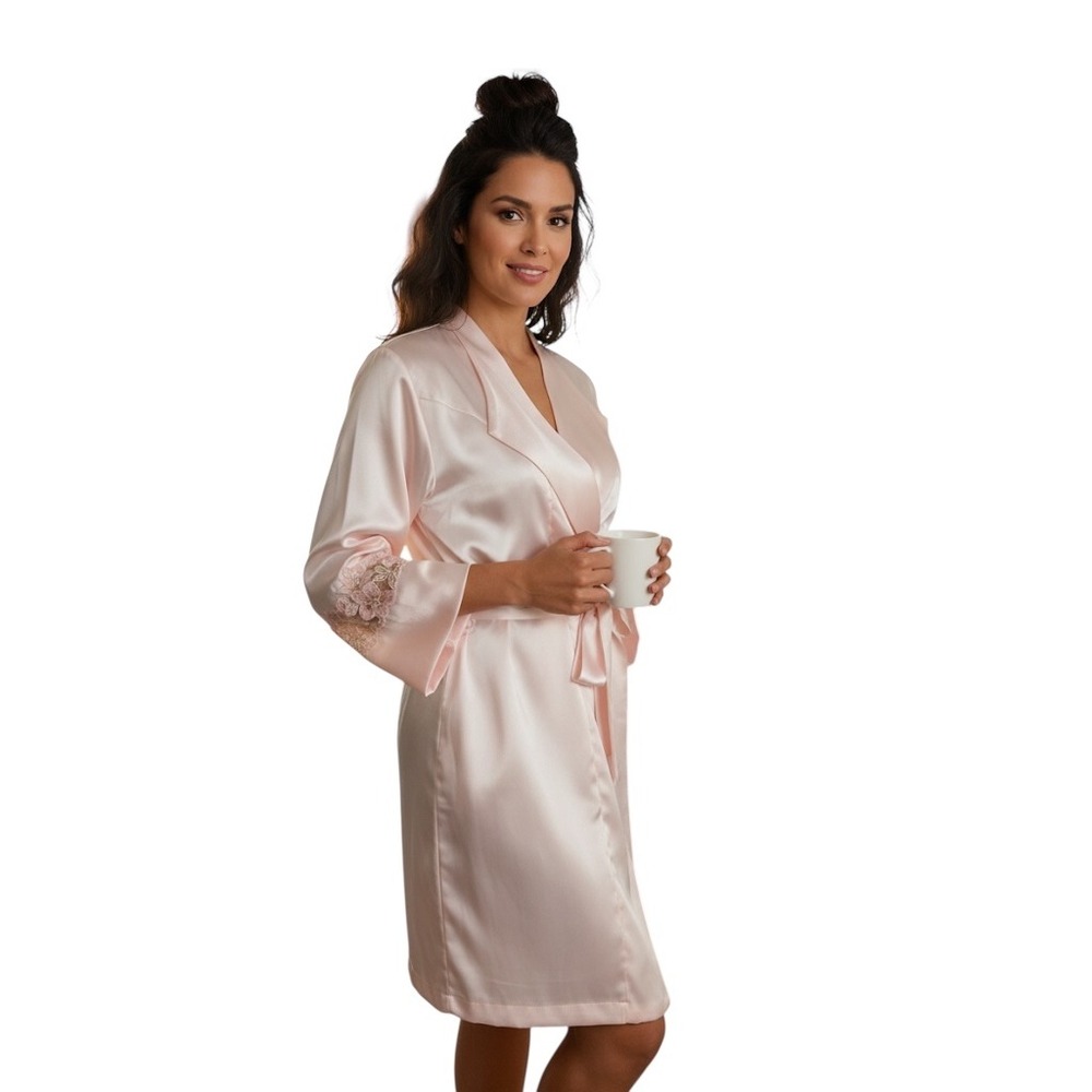 Vintage Oscar de la Renta Blush‎ Satin Robe with Lace Trim | Size M